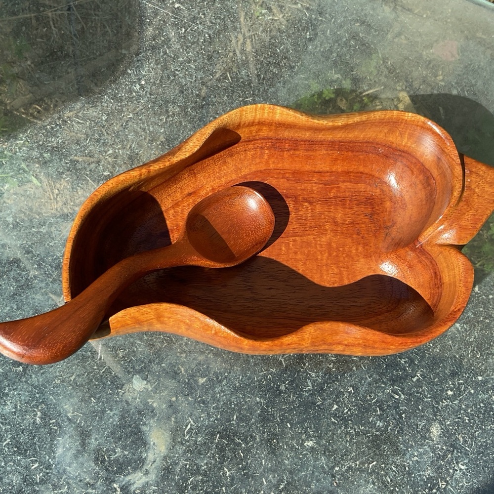 Handmade Hawaiian Wooden Bowl and Spoon Set, Signed